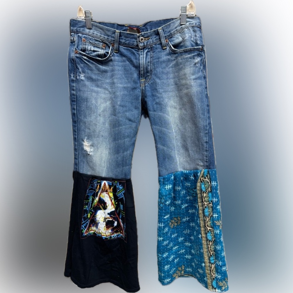 Handmade Blue Flare & Wide Leg Jeans with Patchwork